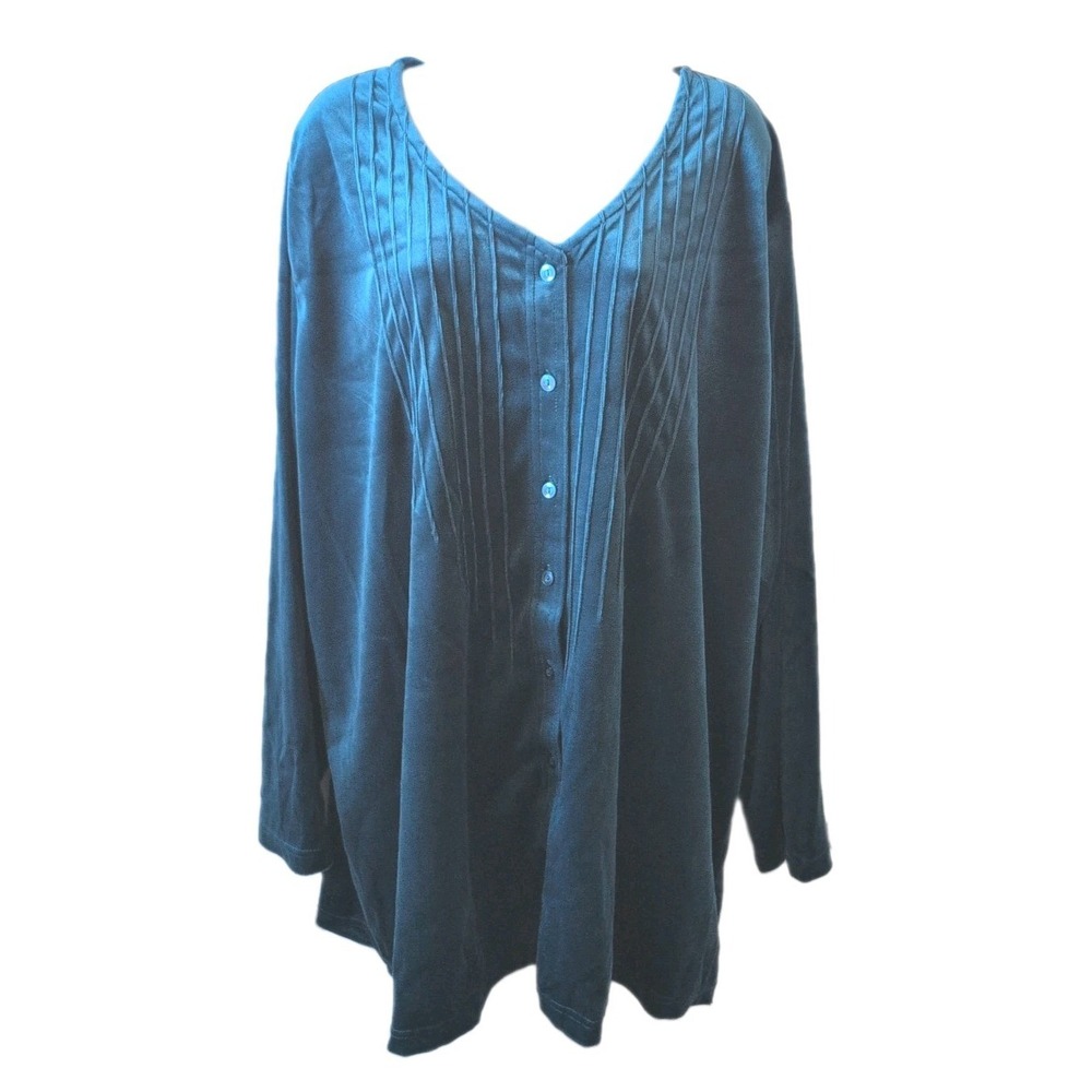 Woman Within Velvet Tunic Top Womens 2X Teal Button Front Stretch Soft -‎ New